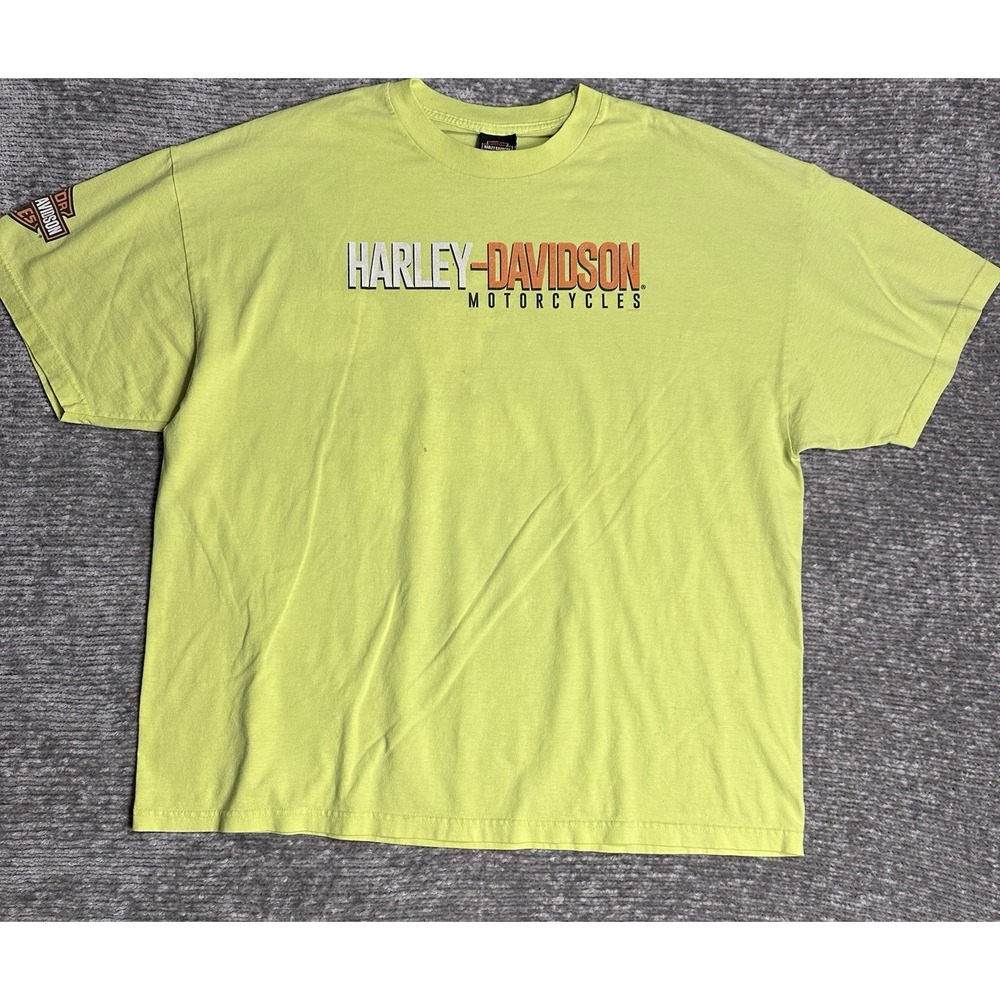 Harley Davidson T Shirt Mens XL Neon Green Spellout Sleeve Logo Biker Graphic